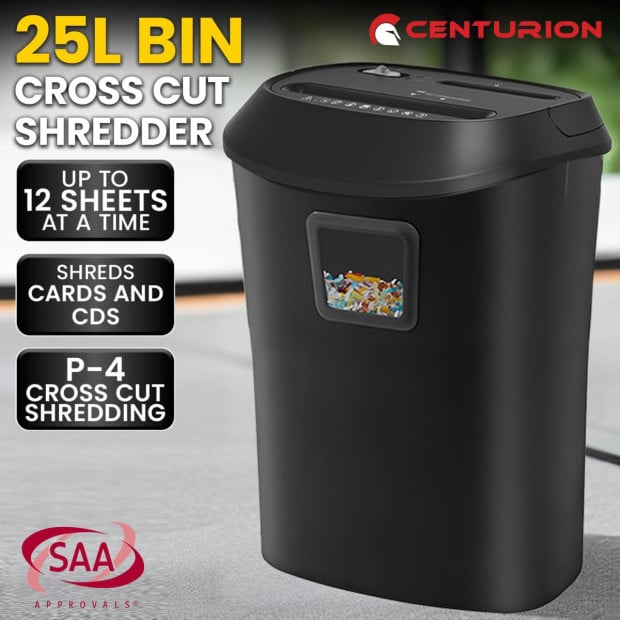 Centurion 25L 12-Sheet Paper Shredder Electric Cross-Cut Home & Office Cutter