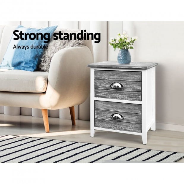 2x Bedside Table 2 Drawers Storage Cabinet Bedroom Side Grey Image 3