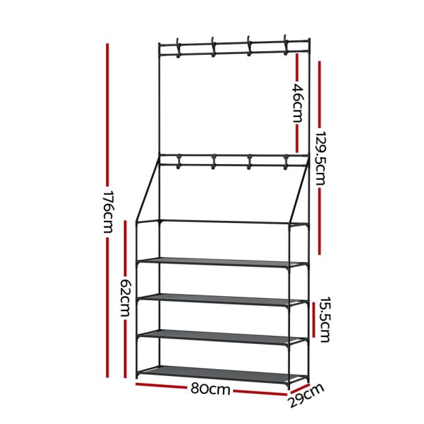 Shoe Rack Coat Hat Stand Hallway Storage Tree Metal Shelves Black Image 2