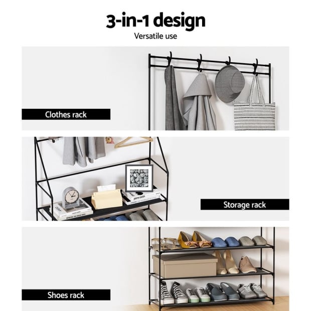 Shoe Rack Coat Hat Stand Hallway Storage Tree Metal Shelves Black Image 5