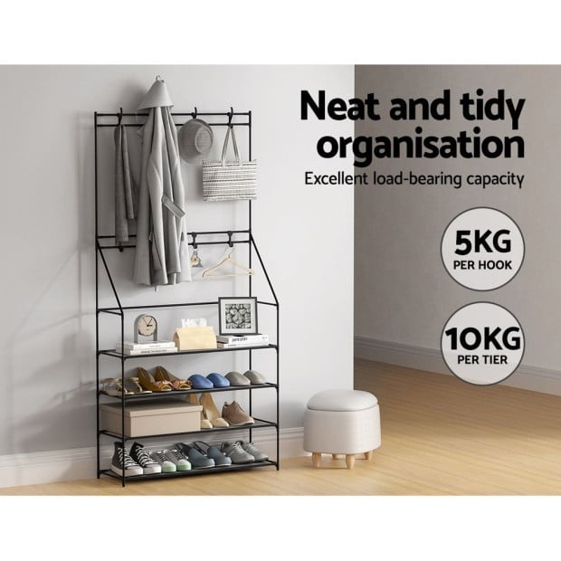 Shoe Rack Coat Hat Stand Hallway Storage Tree Metal Shelves Black Image 7