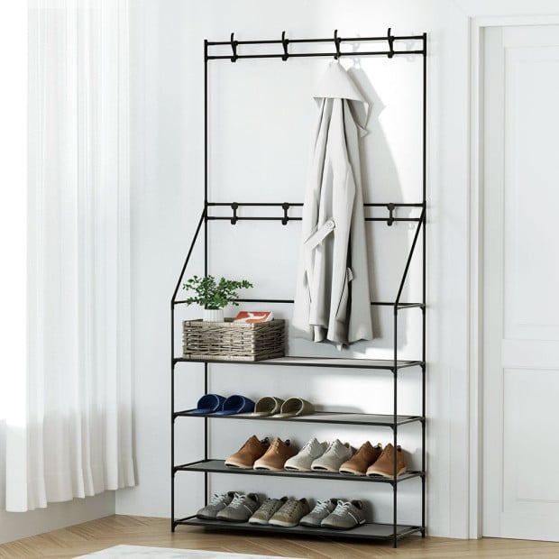 Shoe Rack Coat Hat Stand Hallway Storage Tree Metal Shelves Black Image 8