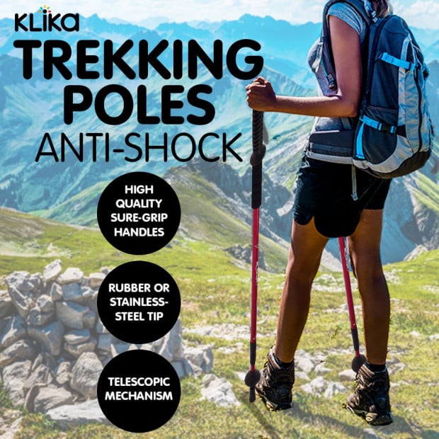 Anti-Shock Trekking Hiking Walking Poles Sticks Pair - Red