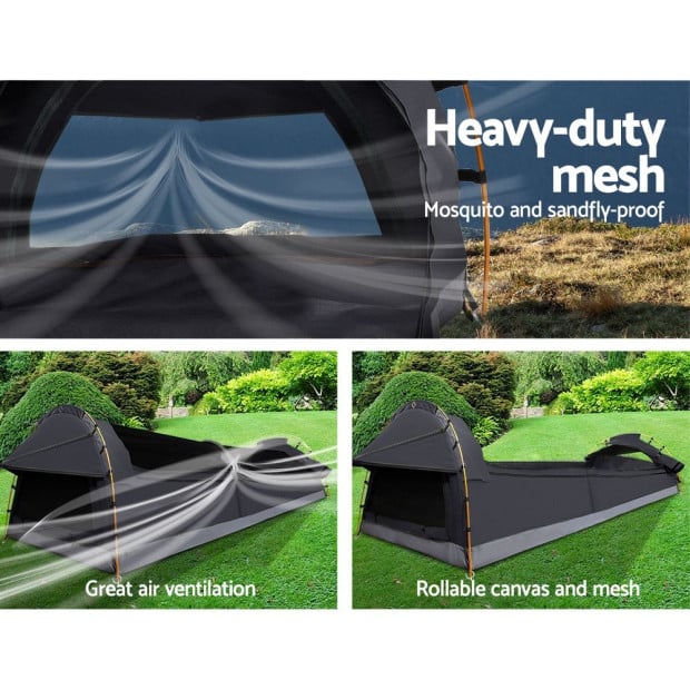 Double Swag Camping Swags Deluxe Canvas Tent Dark Grey Image 6