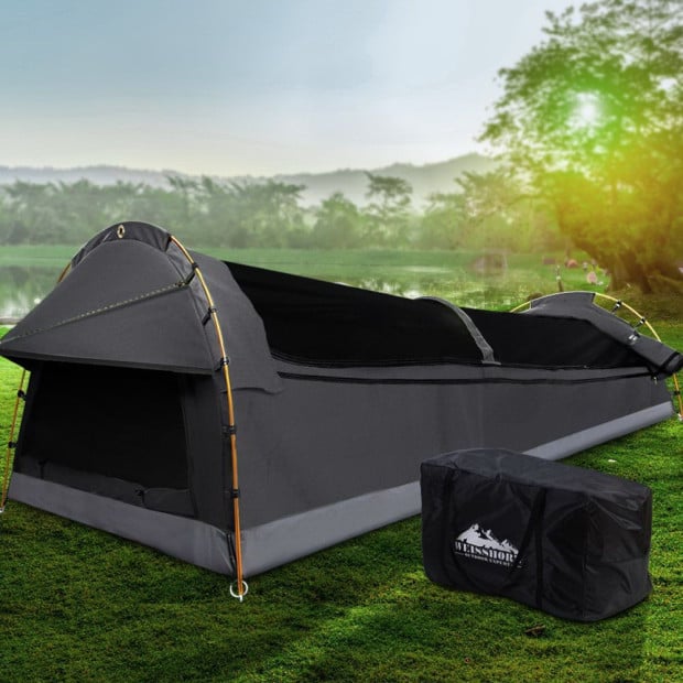 Double Swag Camping Swags Deluxe Canvas Tent Dark Grey Image 8