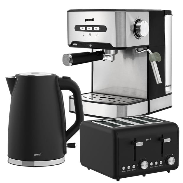 Pronti Breakfast Set with 1.6L Coffee Machine, Silver Noir Toaster & Kettle Image 2