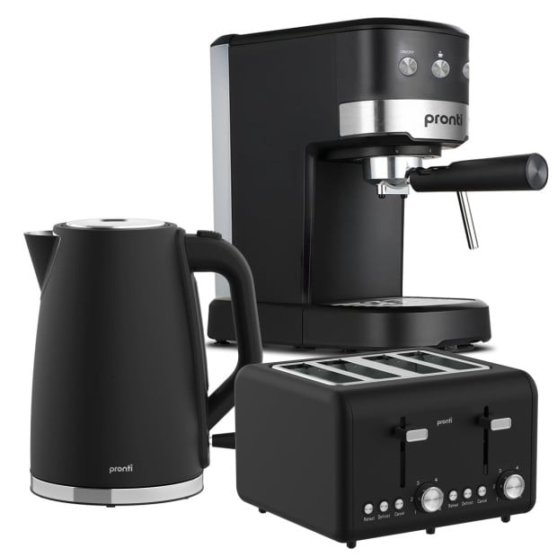 Pronti Breakfast Set with 1.25L Coffee Machine, Silver Noir Toaster & Kettle Image 2