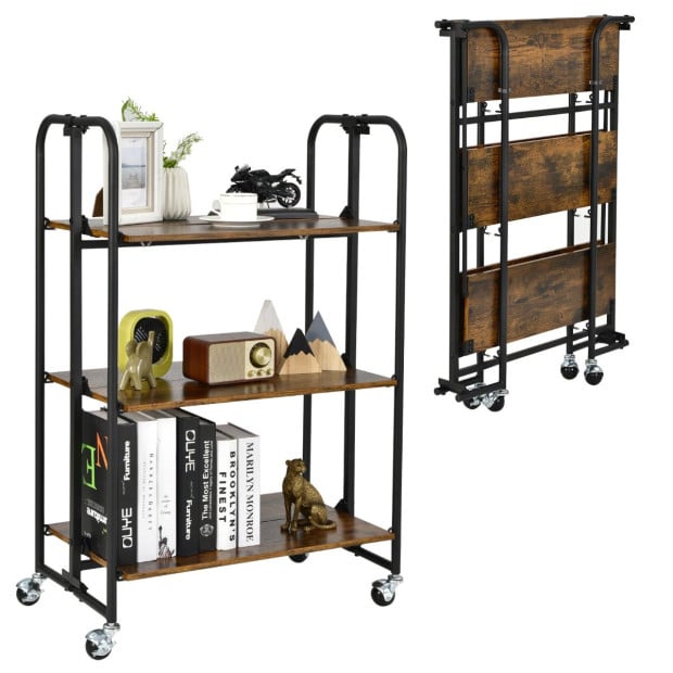 3-tier Industrial Kitchen Folding Rolling Cart With Metal Frame Image 8