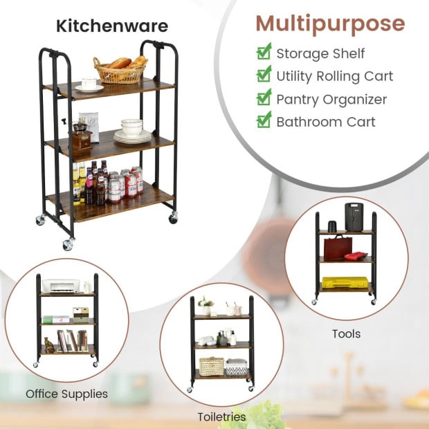 3-tier Industrial Kitchen Folding Rolling Cart With Metal Frame Image 5