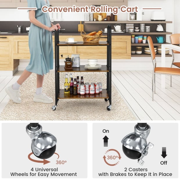 3-tier Industrial Kitchen Folding Rolling Cart With Metal Frame Image 9