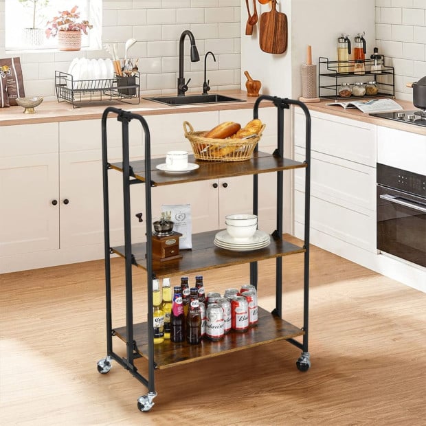 3-tier Industrial Kitchen Folding Rolling Cart With Metal Frame Image 2