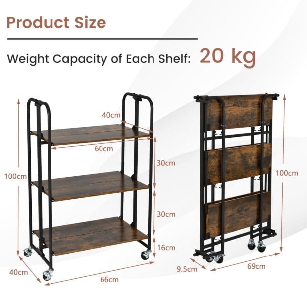 3-tier Industrial Kitchen Folding Rolling Cart With Metal Frame Image 4
