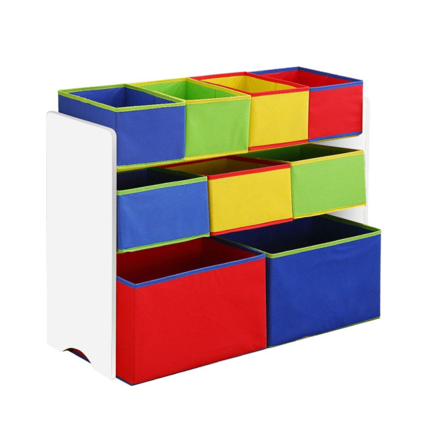 Kids Toy Box 9 Bins Storage Rack Wooden Bookcase 3 Tier White Image 2