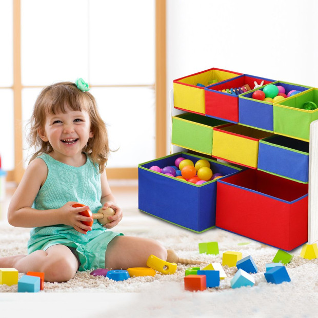 Kids Toy Box 9 Bins Storage Rack Wooden Bookcase 3 Tier White Image 7