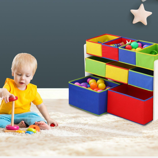Kids Toy Box 9 Bins Storage Rack Wooden Bookcase 3 Tier White Image 8