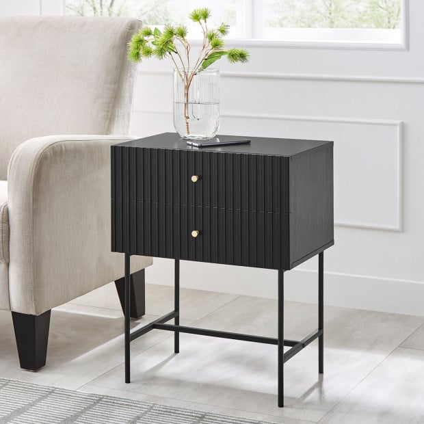 Sarantino Arden Fluted 2-Drawer Bedside Table Night Stand - Black Image 9