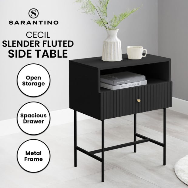Sarantino Cecil Slender Fluted Bedside Table - Black