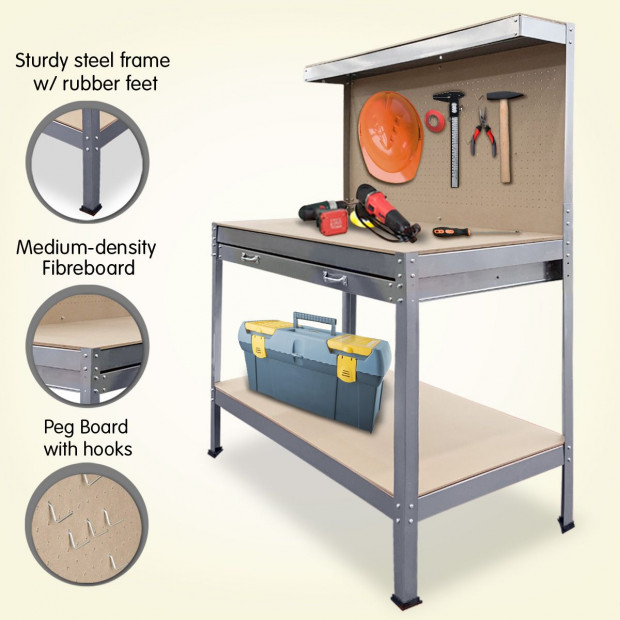 2-Layered Work Bench Garage Storage Table Tool Shop Shelf Silver Image 4