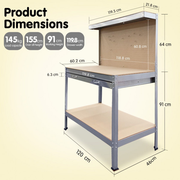 2-Layered Work Bench Garage Storage Table Tool Shop Shelf Silver Image 5