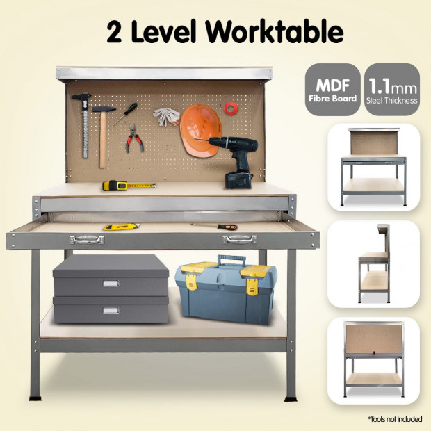2-Layered Work Bench Garage Storage Table Tool Shop Shelf Silver Image 3