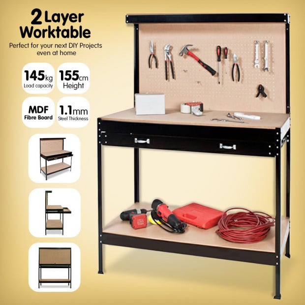 2-Layer Work Bench Garage Storage Table Tool Shop Shelf Image 2