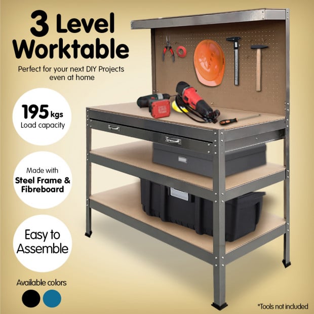 3-Layered Work Bench Garage Storage Table Tool Shop Shelf Silver Image 2