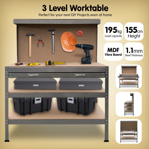 3-Layered Work Bench Garage Storage Table Tool Shop Shelf Silver Image 6