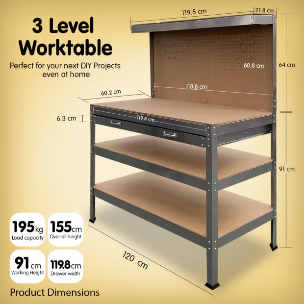 3-Layered Work Bench Garage Storage Table Tool Shop Shelf Silver Image 3