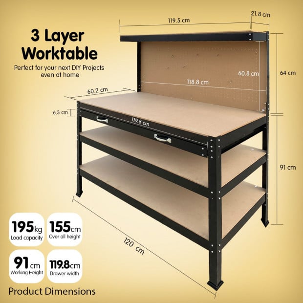 3-Layered Work Bench Garage Storage Table Tool Shop Shelf Image 4