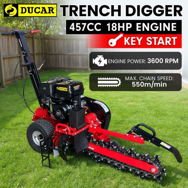 Ducar Trench Digger 457cc 18HP 4-Stroke Key Start, Petrol Trencher Machine