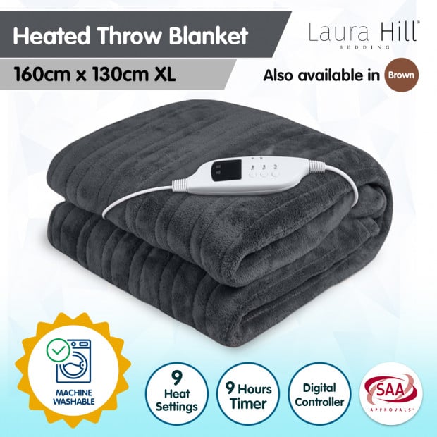 Laura Hill Heated Electric Blanket Throw Rug Coral Warm Fleece Winter Grey