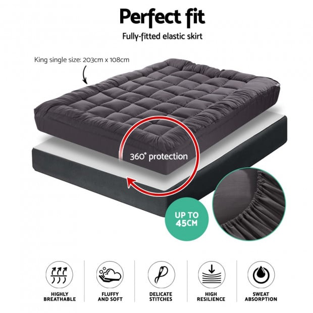 1000GSM Pillowtop Mattress Topper Protector Charcoal King Single Image 2