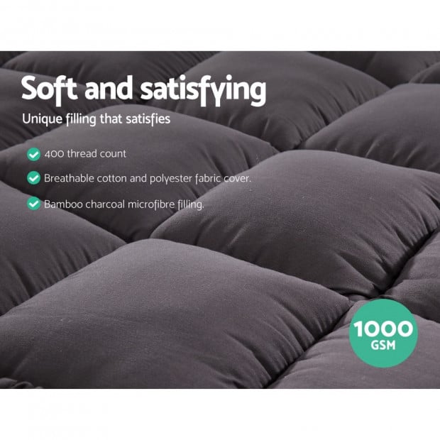 1000GSM Pillowtop Mattress Topper Protector Charcoal King Single Image 5