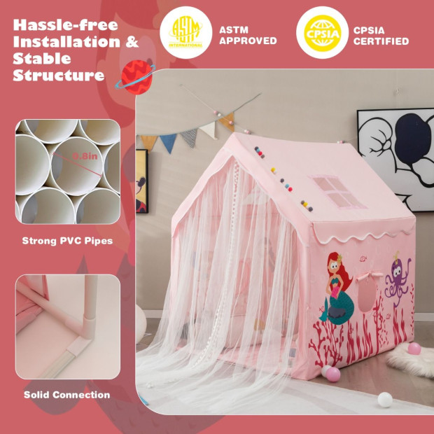 Large Kids Play Tent With Removable Padded Mat Gauze Door Curtain-Pink Image 10