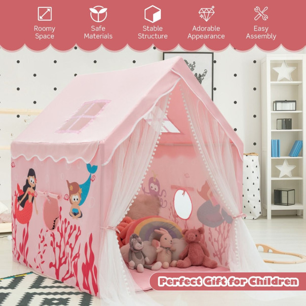 Large Kids Play Tent With Removable Padded Mat Gauze Door Curtain-Pink Image 3