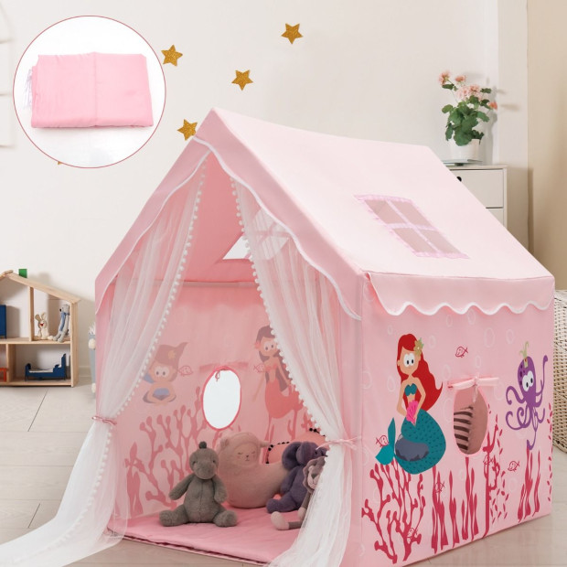 Large Kids Play Tent With Removable Padded Mat Gauze Door Curtain-Pink Image 2
