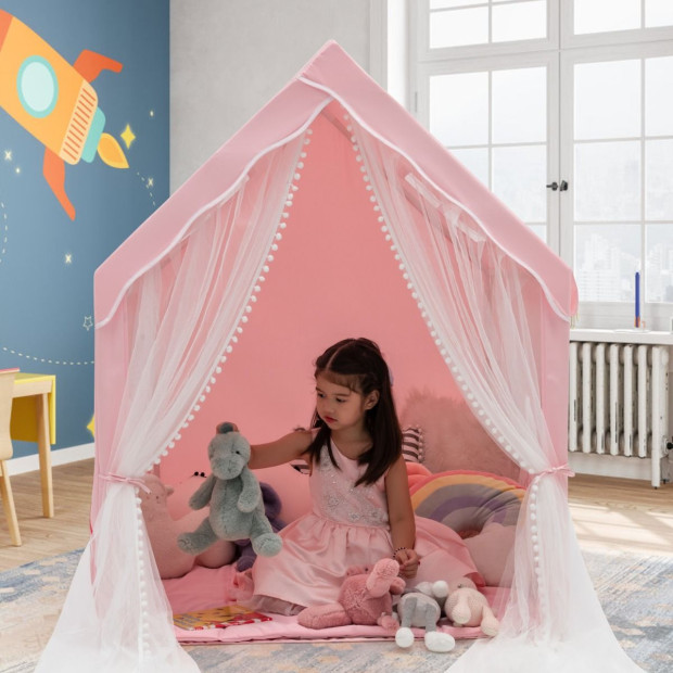 Large Kids Play Tent With Removable Padded Mat Gauze Door Curtain-Pink Image 6