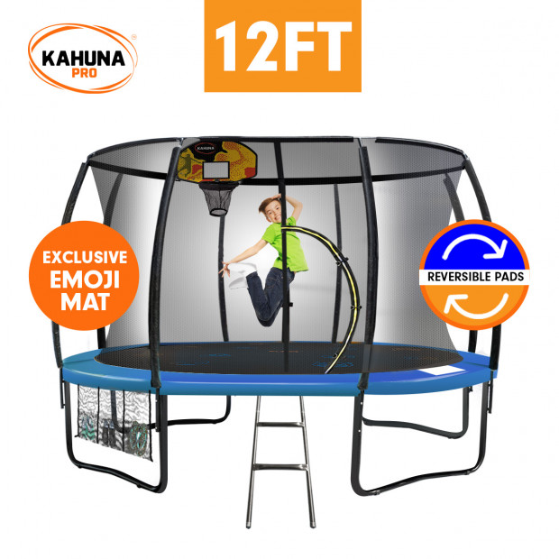Kahuna Pro 12 ft Trampoline with Emoji Mat Reversible Pad Basketball Set