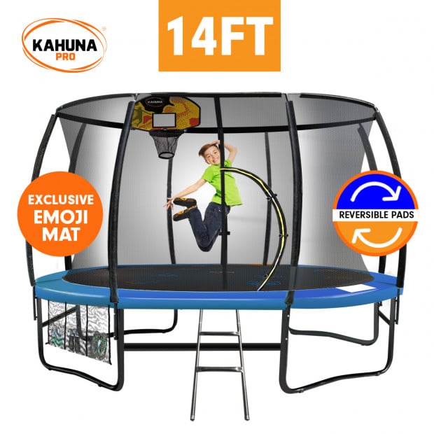 Kahuna Pro 14 ft Trampoline with Emoji Mat Reversible Pad Basketball Set