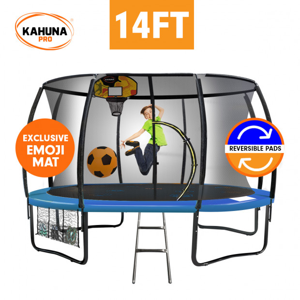 Kahuna Pro 14 ft Trampoline with Emoji Mat Reversible Pad Basketball Set