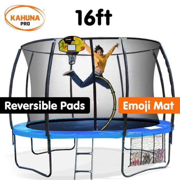 Kahuna Pro 16 ft Trampoline with Emoji Mat Reversible Pad Basketball Set