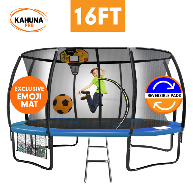 Kahuna Pro 16 ft Trampoline with Emoji Mat Reversible Pad Basketball Set
