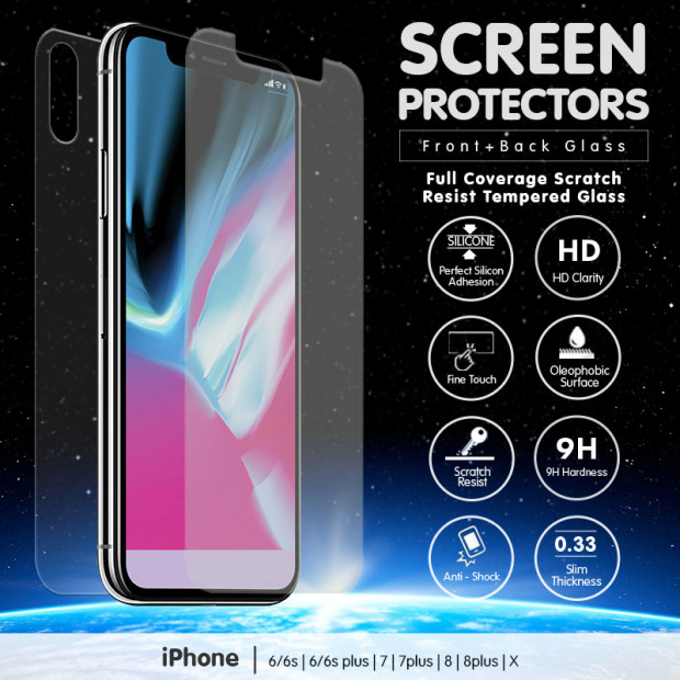 Front Back Tempered Glass Screen Protector Apple iPhone X 8 7 6 6S Plus