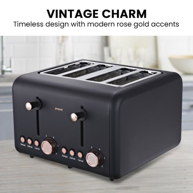 Pronti 4 Slice Toaster Rose Trim Collection - Black Image 3