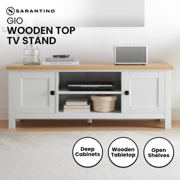 Sarantino Gio TV Stand Cabinet Cupboard in White and Natural Wood Finish
