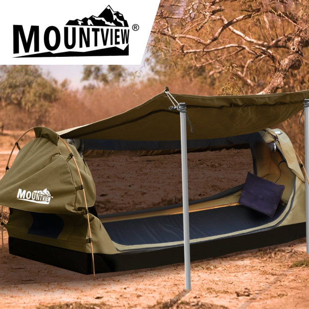 King Single Swag Camping Swags Canvas Dome Tent Free Standing Khaki Image 7