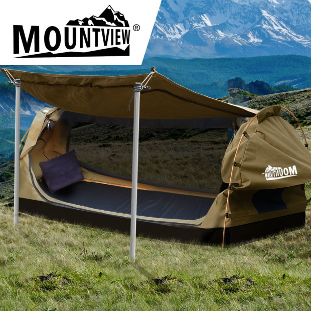 King Single Swag Camping Swags Canvas Dome Tent Free Standing Khaki Image 8