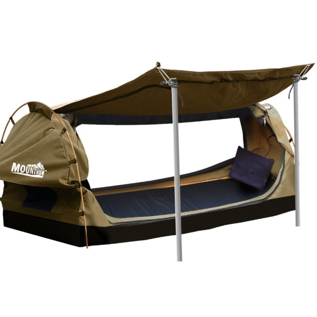 King Single Swag Camping Swags Canvas Dome Tent Free Standing Khaki Image 2