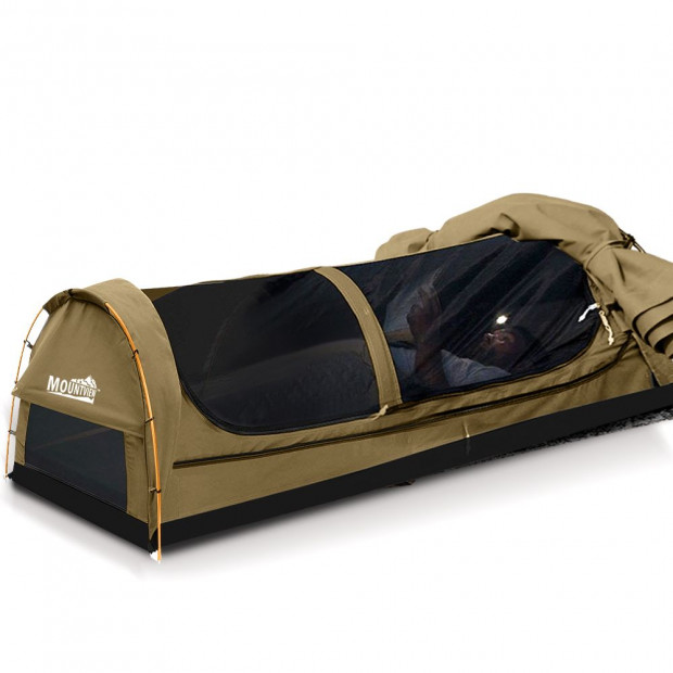 Mountview Camping Swags Tent Kings Pole with Awning Double Khaki Image 2