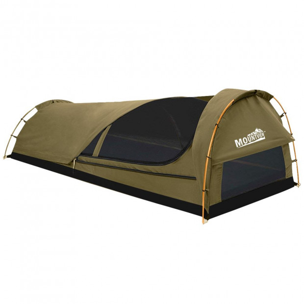 Mountview Camping Swags Tent Kings Pole with Awning Double Khaki